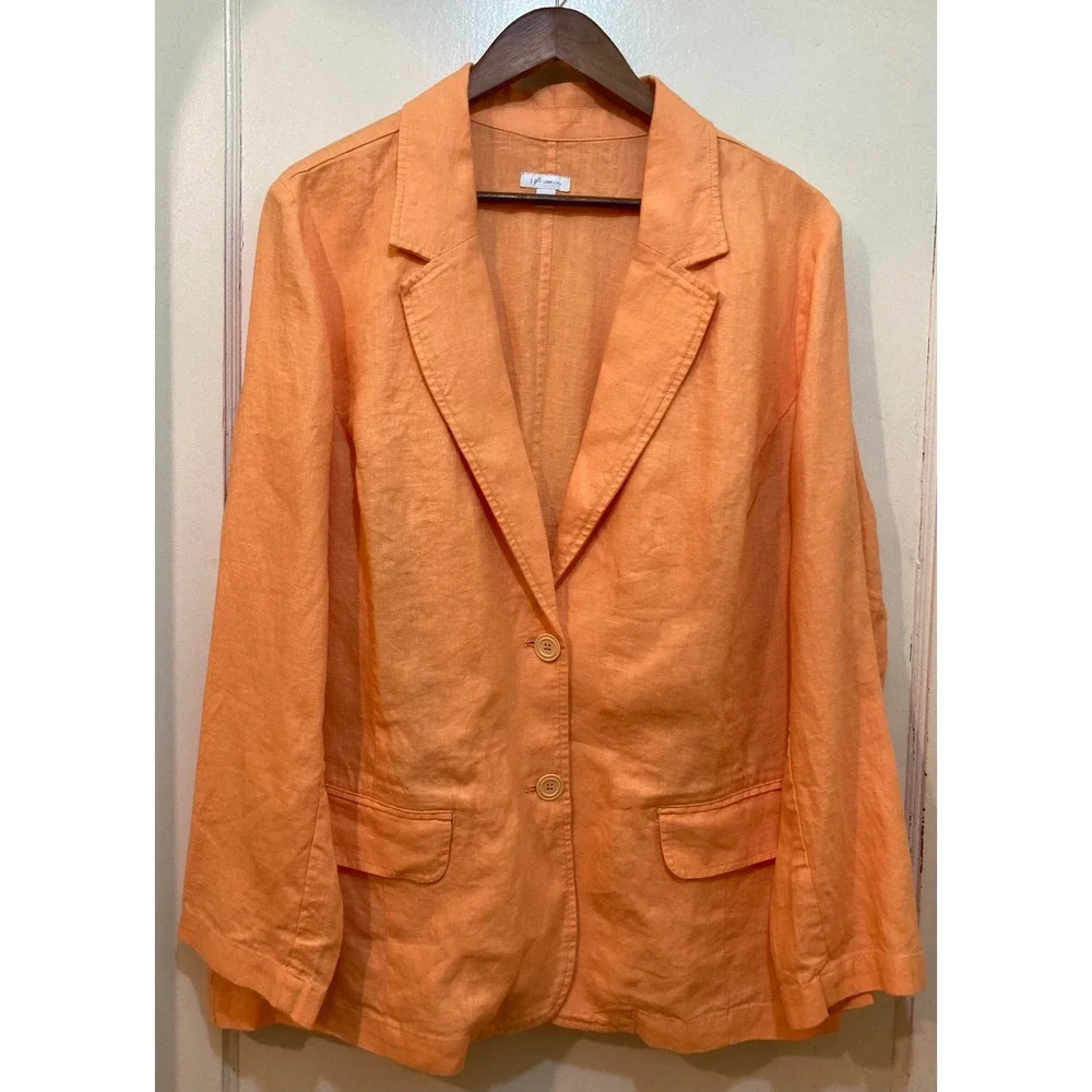 J. Jill Love Linen Blazer Wide Leg Crop Pants 2 Piece Suit Set XL Orange Coastal